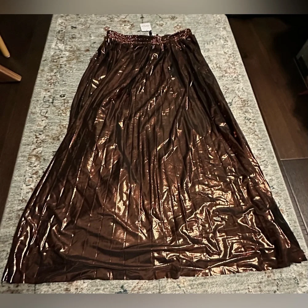 Free People En Saison Pleated Metallic Midi Skirt — Brown, NWT, Size L
